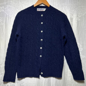 Vintage Cardigan Sweater 38 Medium Navy Blue Cable Knit Shetland Wool Scottland